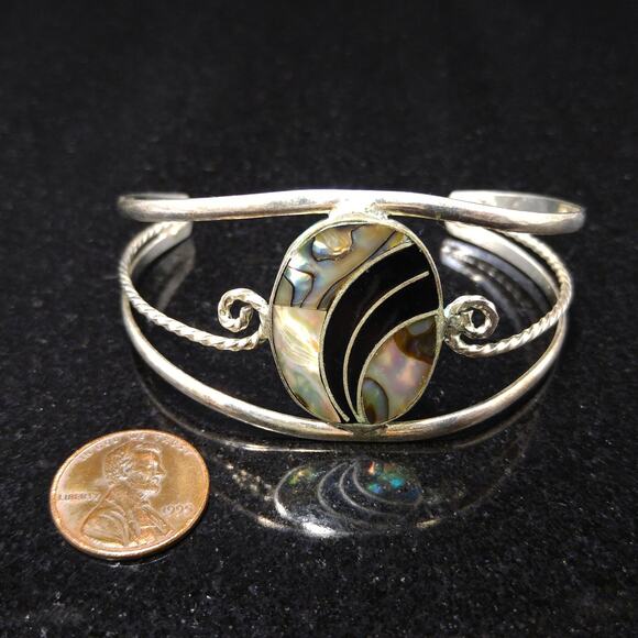 Alpaca Mexico Abalone Shell Cuff Bracelet Silver Tone 1970s Vintage Jewelry - Picture 5 of 10